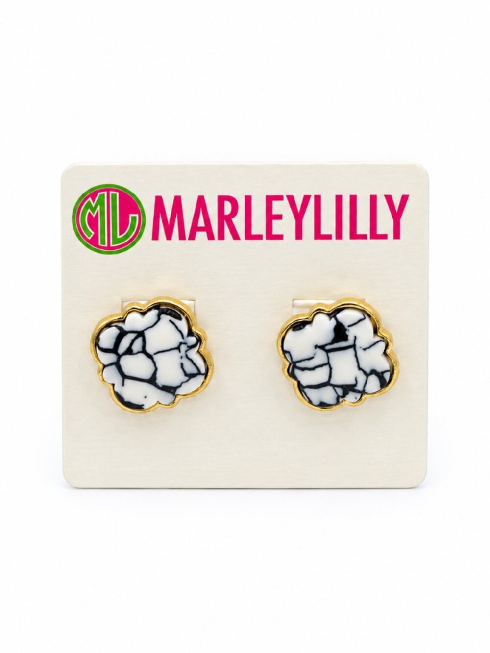 Marleylilly NWT Black White Marbled Flower Stud Earrings Gold Tone
